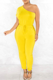 Yellow Casual Solid Solid Color One Shoulder Regular Jumpsuits
