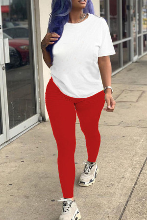 Red Casual Solid Patchwork O Neck Short Sleeve Two Pieces