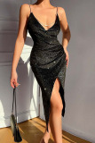 Black Sexy Solid Patchwork Slit Spaghetti Strap Sling Dress Dresses