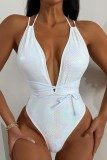White Sexy Solid Tassel Bandage Sequins Backless Swimwears