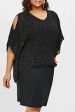 Black Casual Solid Hollowed Out Patchwork Flounce Hot Drill V Neck Plus Size Dresses