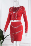 Red Sexy Patchwork Hot Drill V Neck Long Sleeve Two Pieces
