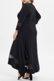 Black Casual Solid Patchwork Asymmetrical O Neck Long Sleeve Plus Size Dresses