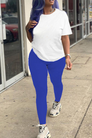 Blue Casual Solid Patchwork O Neck Short Sleeve Two Pieces