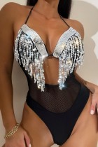 Black Sexy Patchwork Tassel Bandage See-through Backless Swimwears (With Paddings)