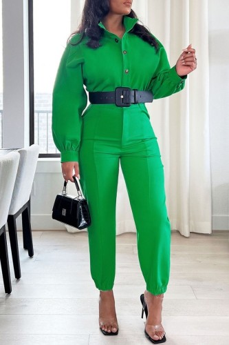 Green Casual Solid Patchwork Shirt Collar Regular Jumpsuits (Without Belt)
