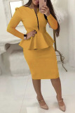 Yellow Casual Solid Patchwork Flounce Zipper Collar Long Sleeve Two Pieces