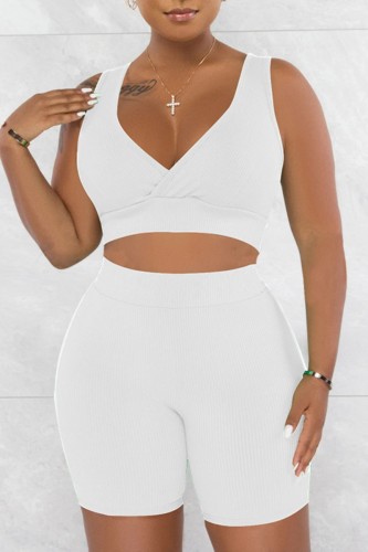 White Casual Solid Basic V Neck Sleeveless Two Pieces