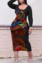 Black Casual Print Patchwork O Neck Straight Plus Size Dresses