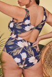 Multicolor Sexy Print Backless V Neck Plus Size Swimwear  (With Paddings)