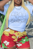 White Street Party Print Patchwork O Neck T-Shirts