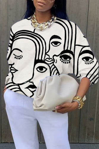White Casual Street Print Patchwork O Neck Tops
