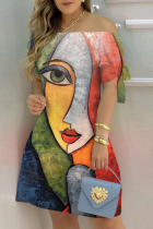 Army Green Casual Print Frenulum Off the Shoulder Short Sleeve Dress
