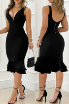 Black Sexy Casual Print Solid Patchwork Backless V Neck Sleeveless Dress Dresses