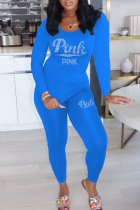 Colorful Blue Casual Letter Hot Drilling Basic O Neck Long Sleeve Two Pieces