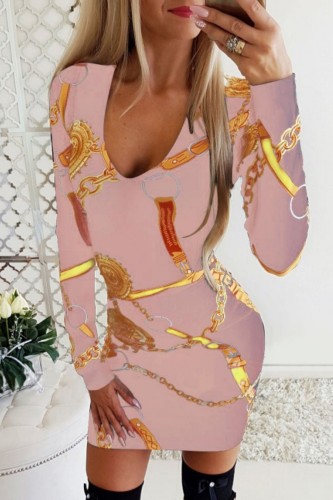 Pink Casual Print Basic V Neck Long Sleeve Dresses