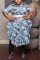 Blue Casual Daily Print Printing Stringy Selvedge Shirt Collar Printed Dress Plus Size