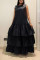 Black Casual Solid Patchwork Fold O Neck Long Dress Dresses