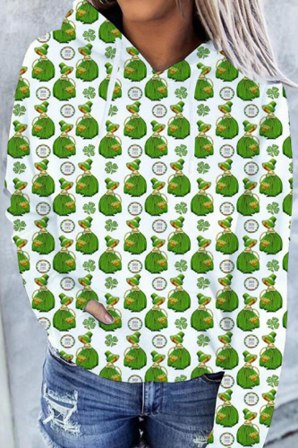 Green Yellow Casual Print Patchwork Draw String Hooded Collar Tops