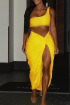 Yellow Sexy Solid Patchwork One Shoulder Sleeveless Two Pieces
