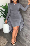 Grey Elegant Solid Patchwork Flounce Fold Asymmetrical O Neck Pencil Skirt Plus Size Dresses