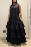 Black Casual Solid Patchwork Fold O Neck Long Dress Dresses