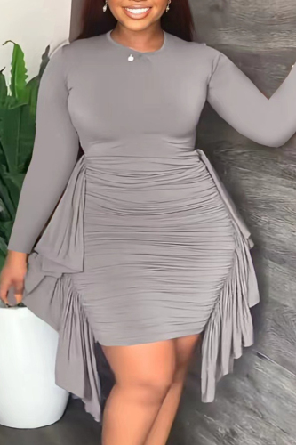 Grey Elegant Solid Patchwork Flounce Fold Asymmetrical O Neck Pencil Skirt Plus Size Dresses