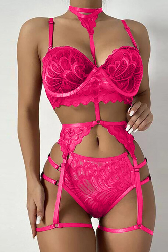 Rose Red Sexy Solid Hollowed Out Patchwork Backless Lingerie