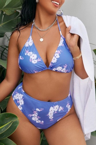 Royal Blue Sexy Print Bandage Backless Plus Size Swimwear (With Paddings)