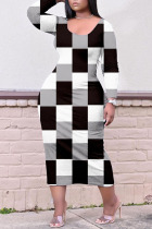 Grey Black Casual Print Patchwork O Neck Straight Dresses