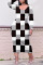 Black White Casual Print Patchwork O Neck Straight Plus Size Dresses