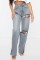 Light Blue Casual Ripped Straight High Waist Straight Solid Color Jeans