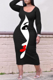 Black Red Casual Print Patchwork O Neck Straight Plus Size Dresses