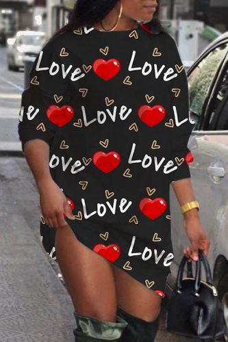 Black Casual Print Basic O Neck Long Sleeve Dresses