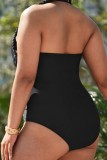 Black Sexy Solid Hollowed Out Backless Halter Plus Size Swimwear (With Paddings)