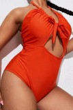 Black Sexy Solid Hollowed Out Backless Halter Plus Size Swimwear (With Paddings)