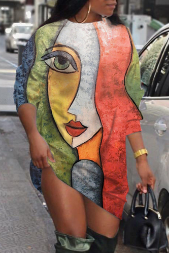 Green Casual Print Basic O Neck Long Sleeve Dresses