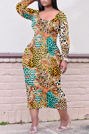 Leopard Print Casual Print Patchwork O Neck Straight Plus Size Dresses