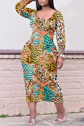 Leopard Print Casual Print Patchwork O Neck Straight Plus Size Dresses