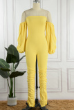 Yellow Casual Solid Backless Slit Off the Shoulder Skinny Jumpsuits