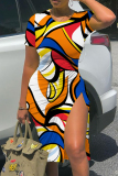 Red Yellow Casual Print Slit O Neck Short Sleeve Dress