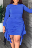 Sky Blue Elegant Solid Patchwork Flounce Fold Asymmetrical O Neck Pencil Skirt Plus Size Dresses