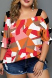 Plus Size Black White Casual Print Hollowed Out Patchwork O Neck T-Shirts