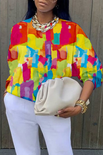 Colour Casual Street Print Patchwork O Neck Tops