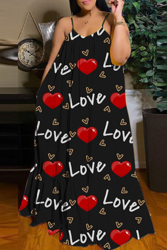 Black Casual Street Print Patchwork Spaghetti Strap Sling Dress Dresses