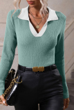 Green Casual Solid Patchwork V Neck Tops