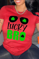 Red Casual Street Print Patchwork Letter O Neck T-Shirts