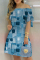 Blue Casual Print Frenulum Off the Shoulder Short Sleeve Dress