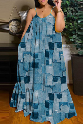 The cowboy blue Casual Street Print Patchwork Spaghetti Strap Sling Dress Dresses