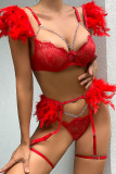 Rose Red Sexy Solid Patchwork See-through Feathers Chains Valentines Day Lingerie
